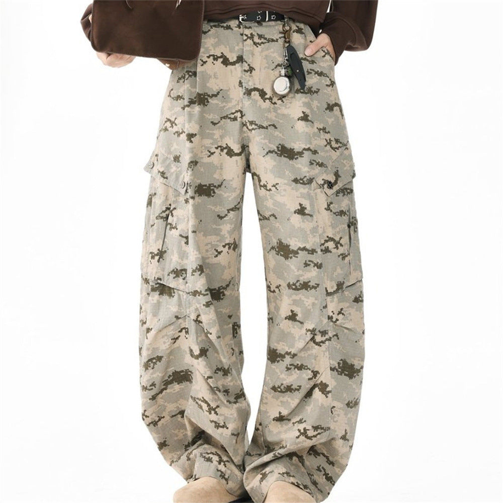 Mens baggy desert digital camo cargo pants with wide-leg pleated silhouette and multi-pocket design