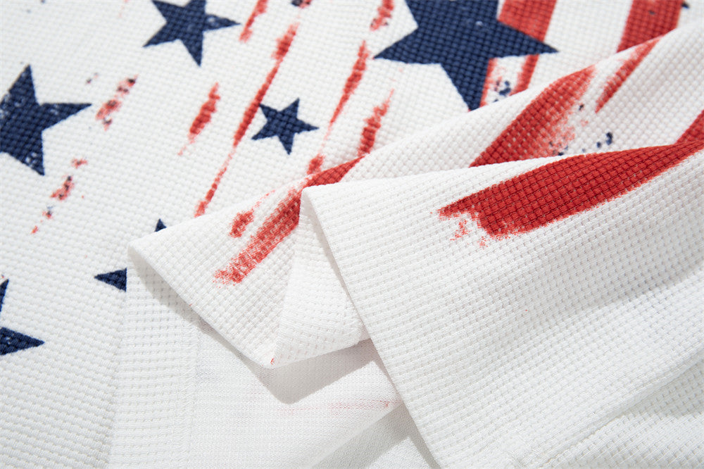 Men's American Flag Star Print Long Sleeve Shirt – Distressed Waffle-Knit Tee