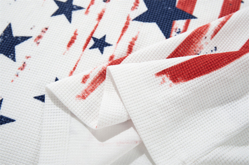 Men's American Flag Star Print Long Sleeve Shirt – Distressed Waffle-Knit Tee