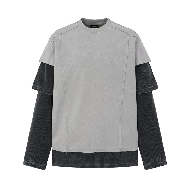 Sudadera efecto superpuesto de lavado ácido con mangas de pana – Deconstruida