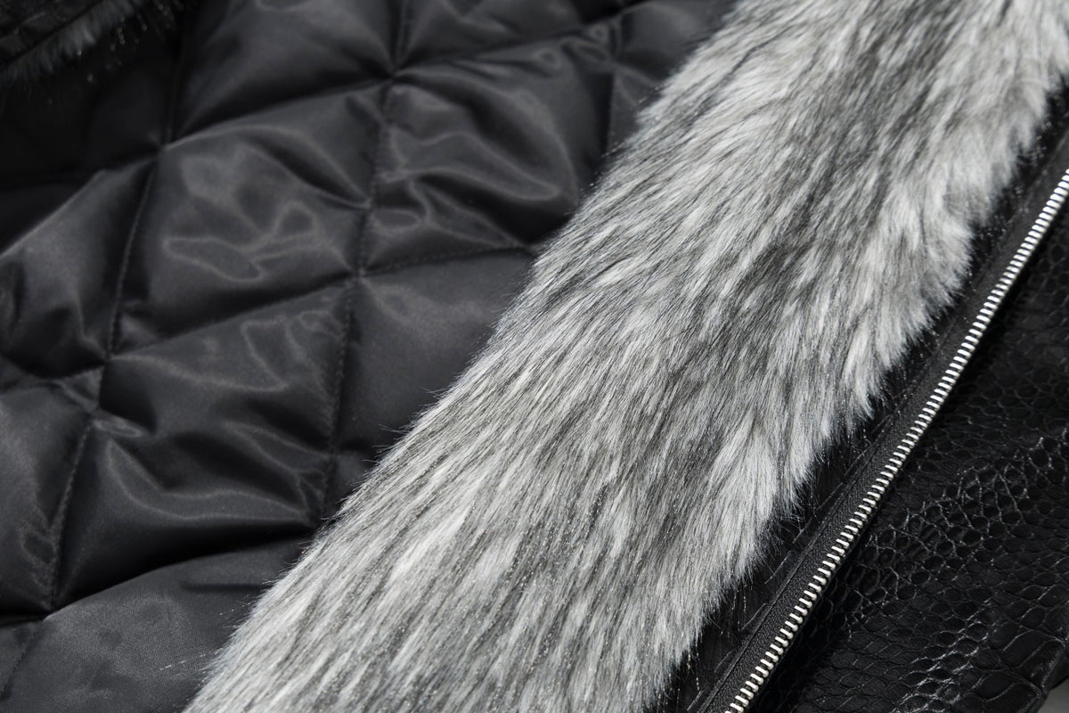 Croc-Embossed Faux Leather Bomber Jacket with Fur Collar