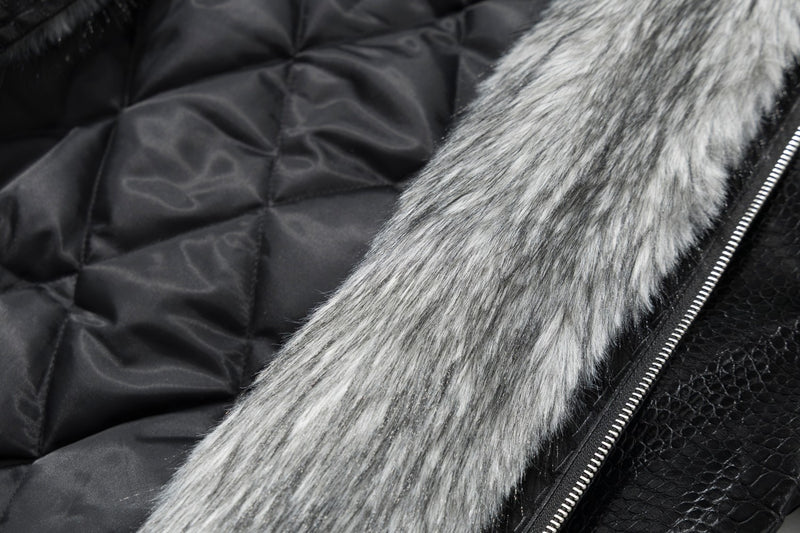 Croc-Embossed Faux Leather Bomber Jacket with Fur Collar