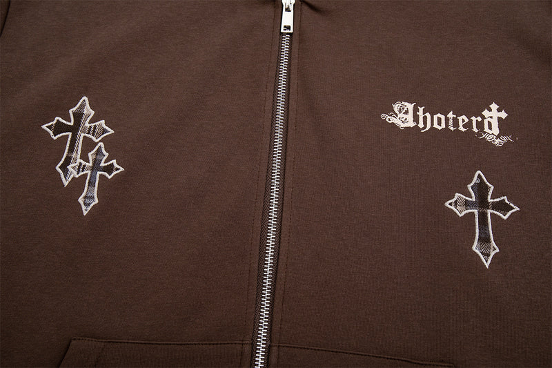 Sweat zippé à capuche avec croix brodée et détail à carreaux sur le bas