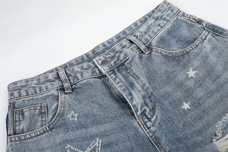 Star Embroidered Distressed Wide-Leg Jeans – Washed Baggy Denim with Ripped Knee