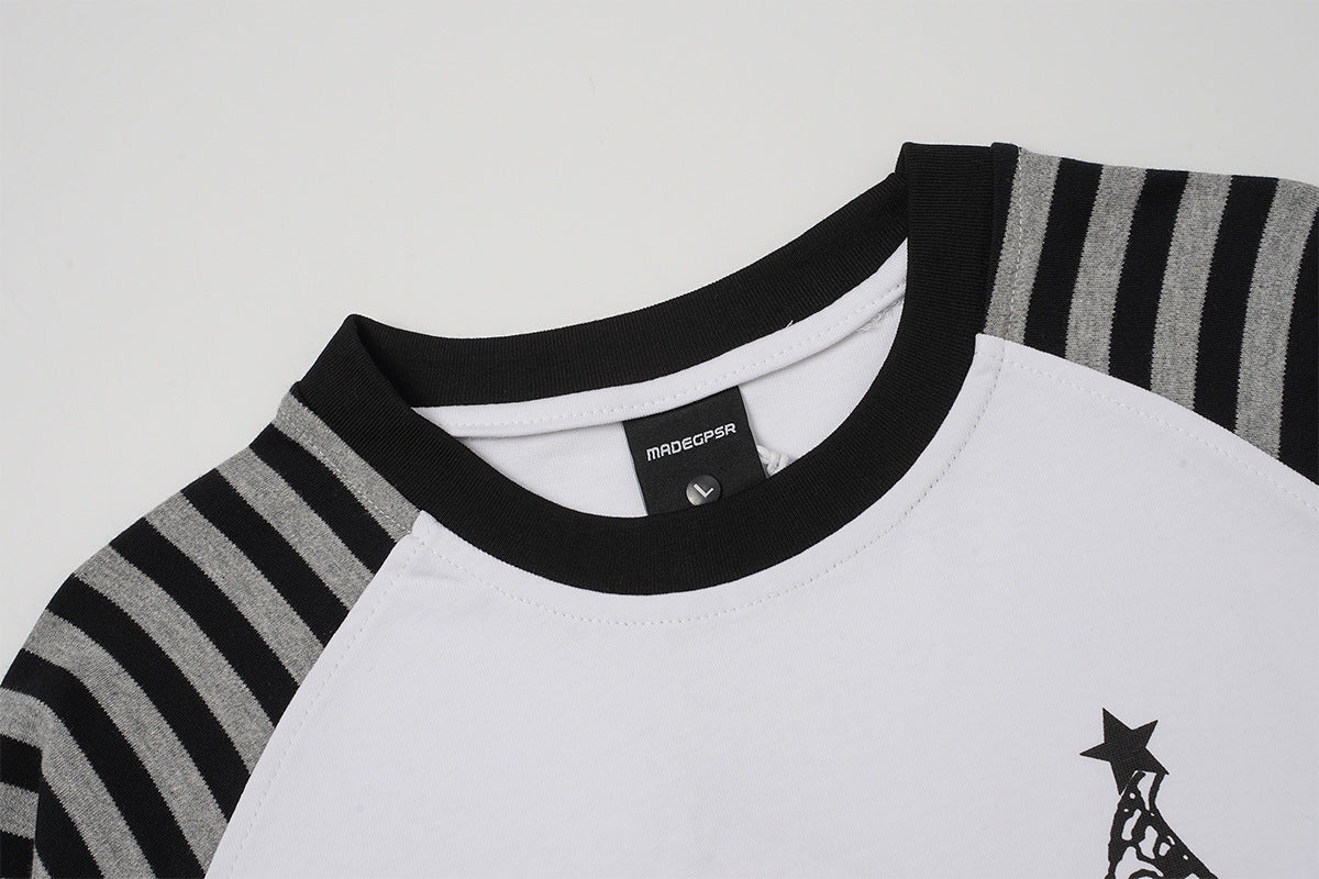Gestreiftes Langarm-Raglan-Shirt – Retro-Anker-Print im Subkultur-Stil