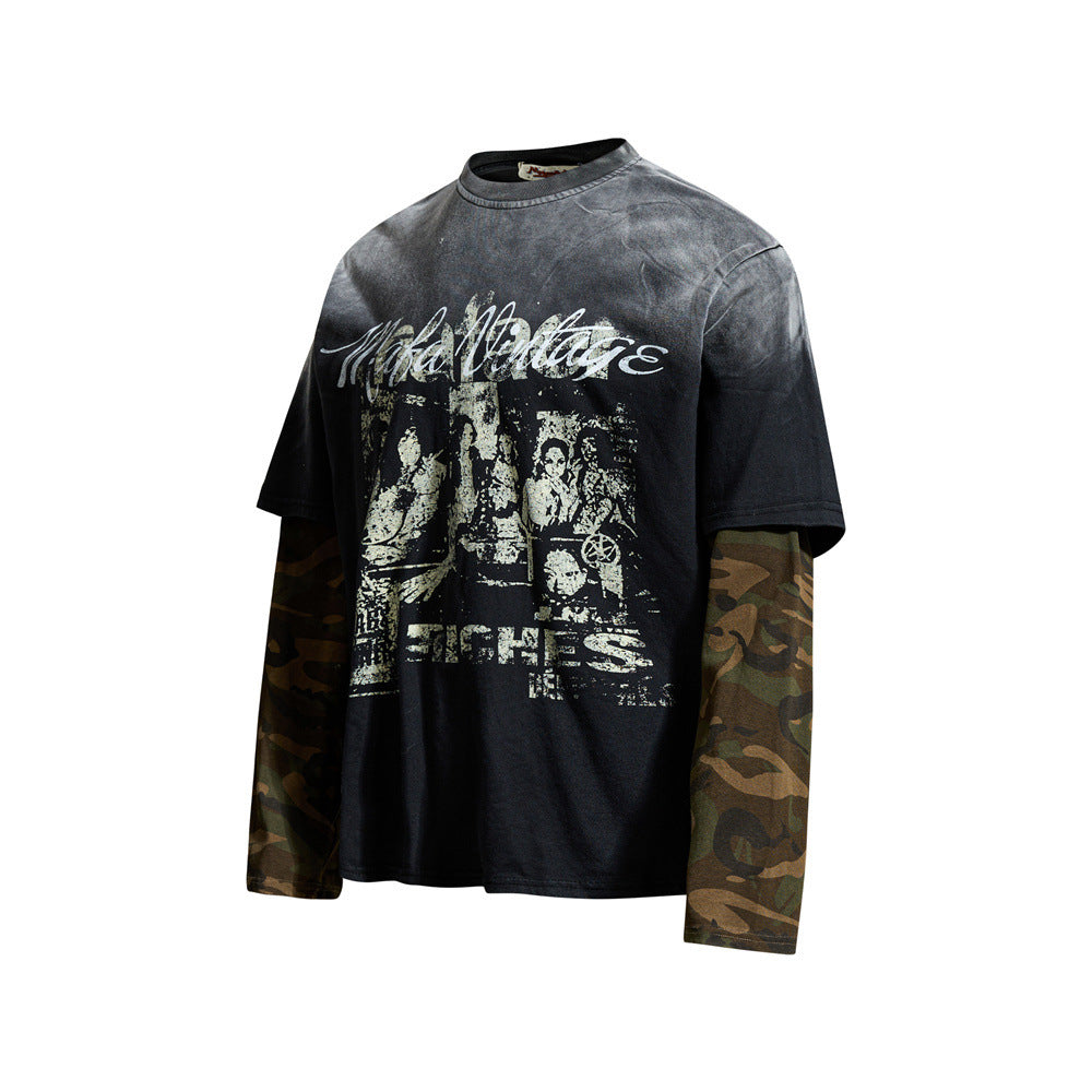 Faux Two-Piece Layered Long Sleeve Graphic Tee – Acid Wash & Camo Print