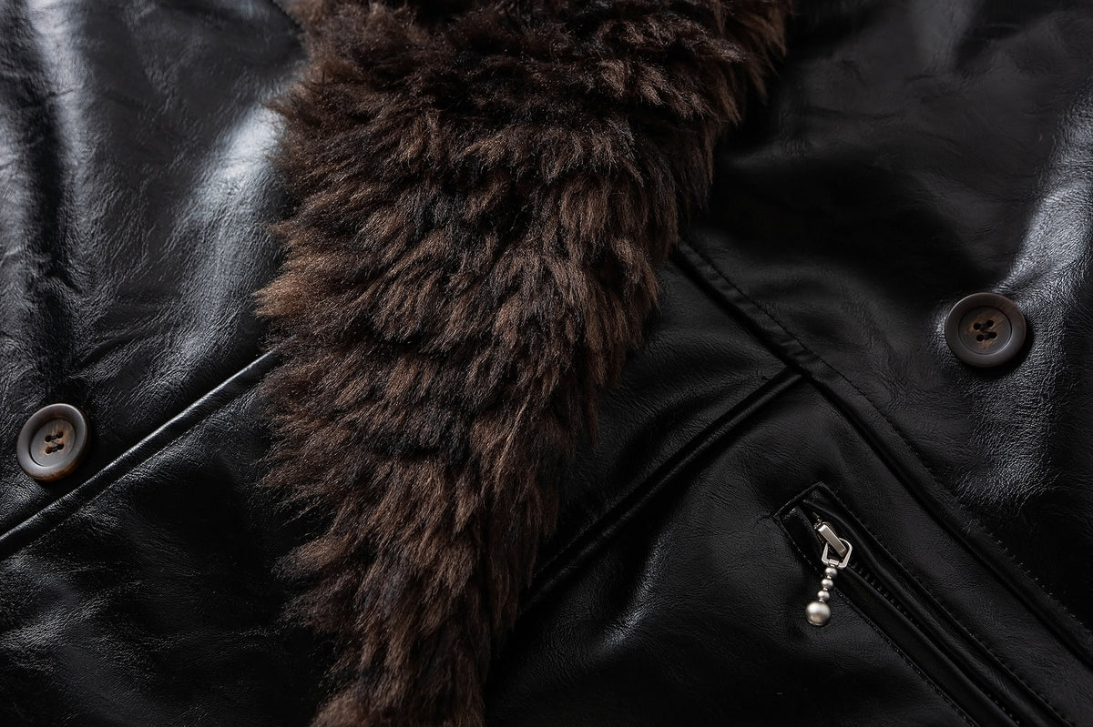 Men's Faux Shearling Collar Leather Bomber Jacket – Oversized Black Winter