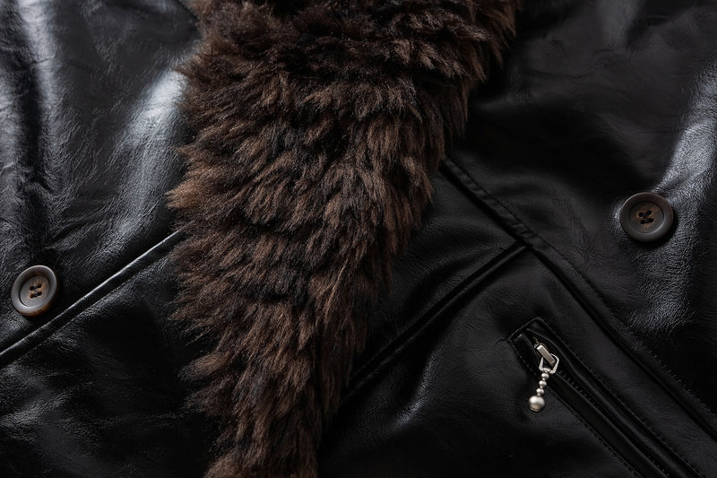 Men's Faux Shearling Collar Leather Bomber Jacket – Oversized Black Winter