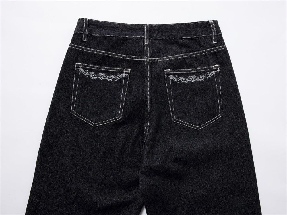 Black Wide-Leg Jeans – Metal Hook Closure & Contrast Stitching Streetwear Denim