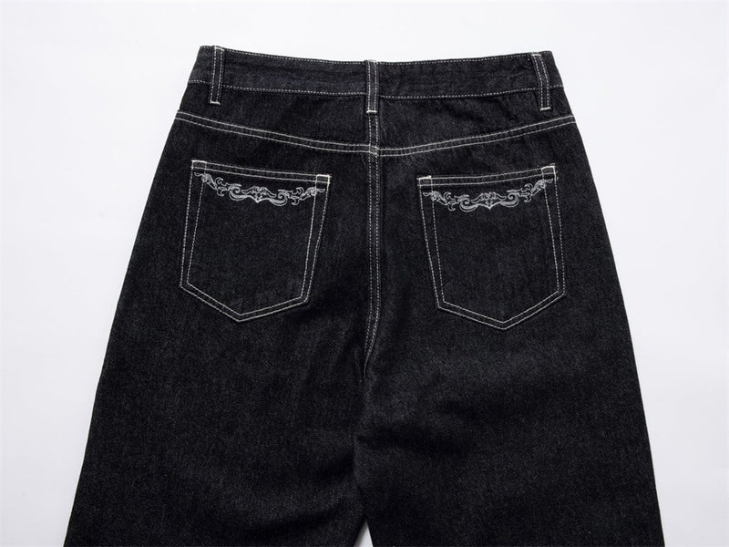 Black Wide-Leg Jeans – Metal Hook Closure & Contrast Stitching Streetwear Denim