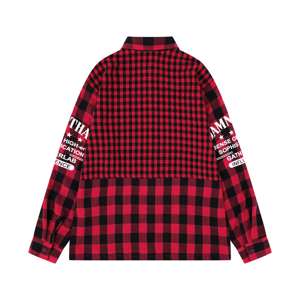 Men's Plaid Long-Sleeve Shirt – Oversized Fit with Graphic Sleeve Print
