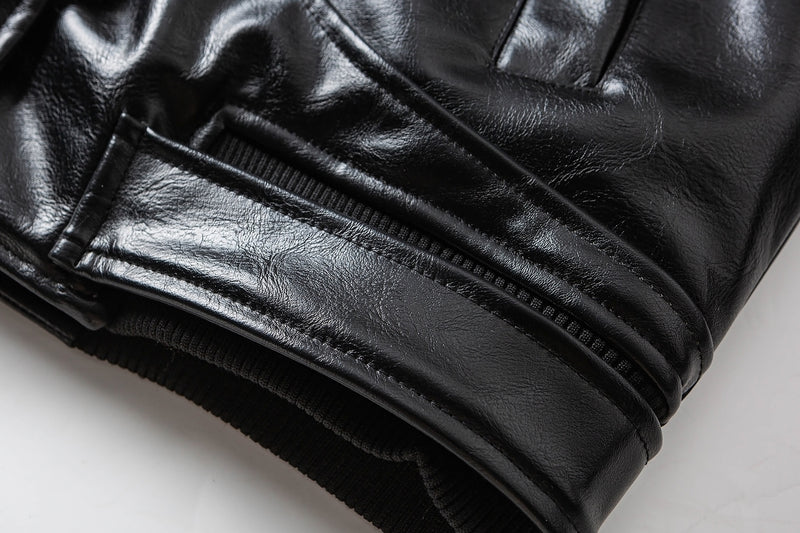 Men's Faux Shearling Collar Leather Bomber Jacket – Oversized Black Winter