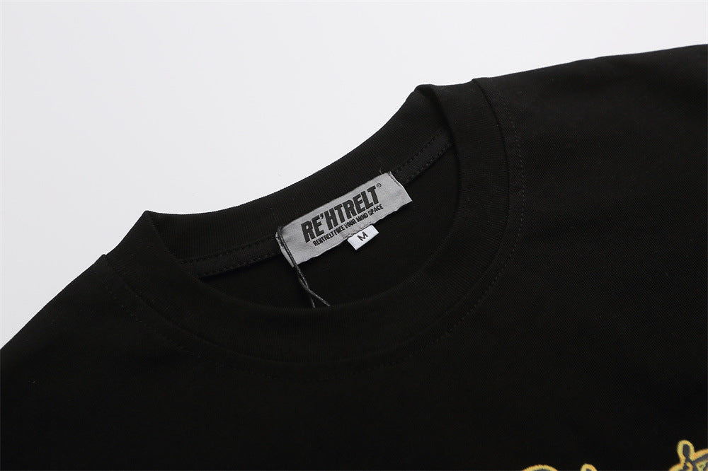 Black T-shirt collar close-up with neck label