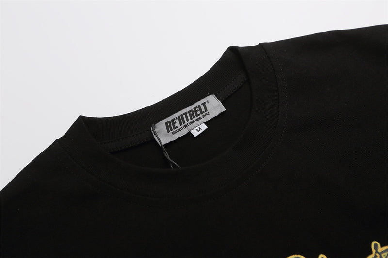 Black T-shirt collar close-up with neck label
