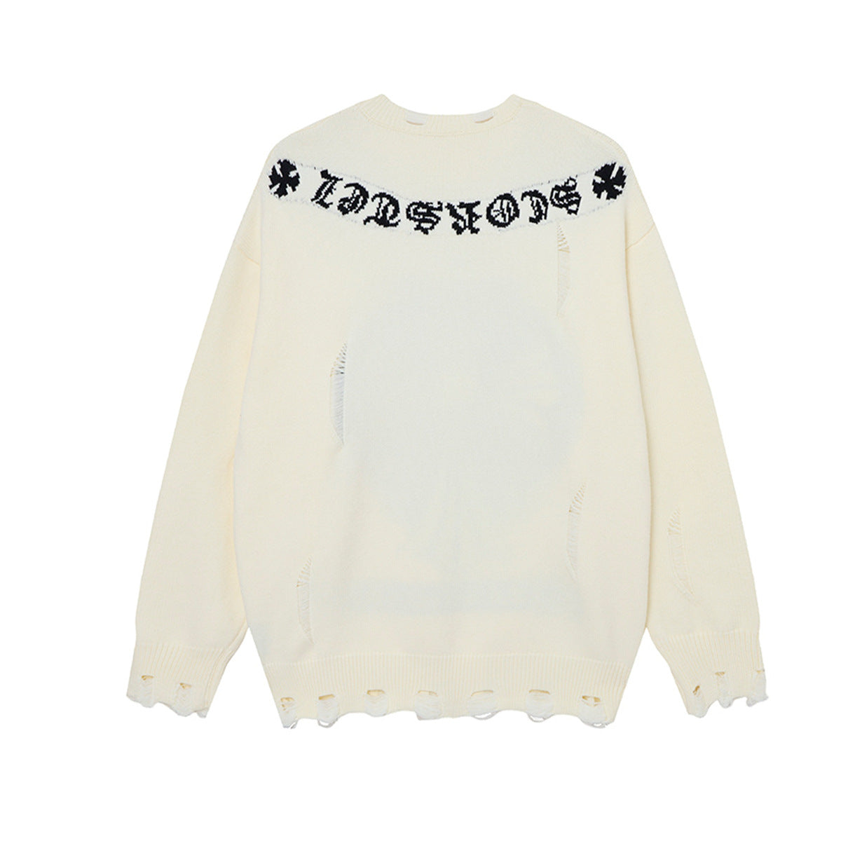 Crew Neck Knit Sweater Gothic Cross Distressed Hem Streetwear