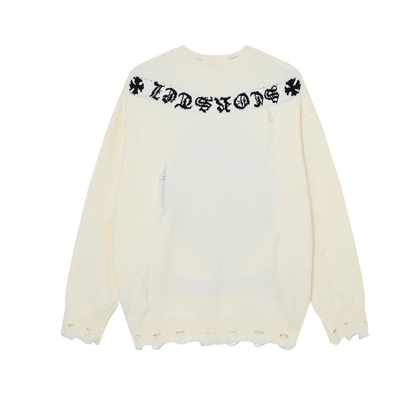 Crew Neck Knit Sweater Gothic Cross Distressed Hem Streetwear