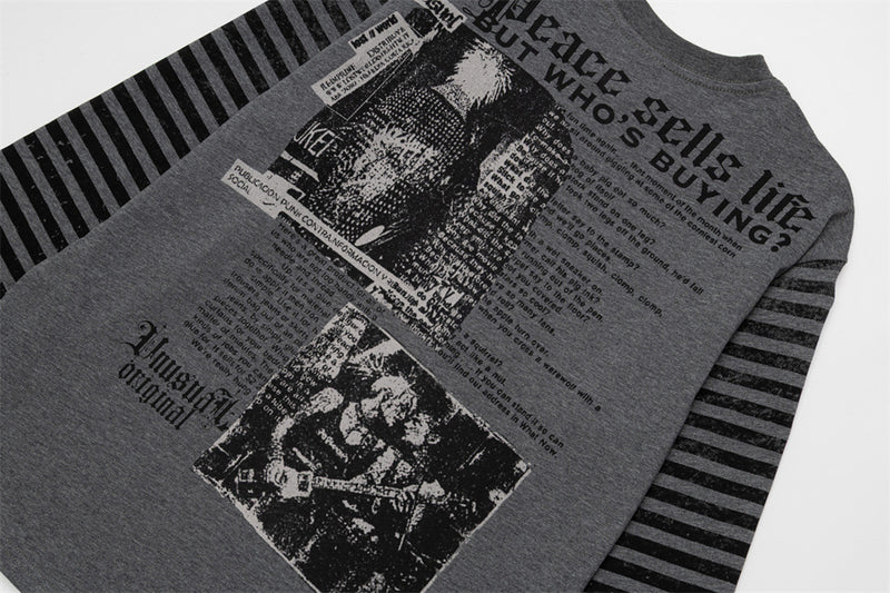 Men's Gothic Letter Print Long-Sleeve Tee with Striped Sleeve Splice