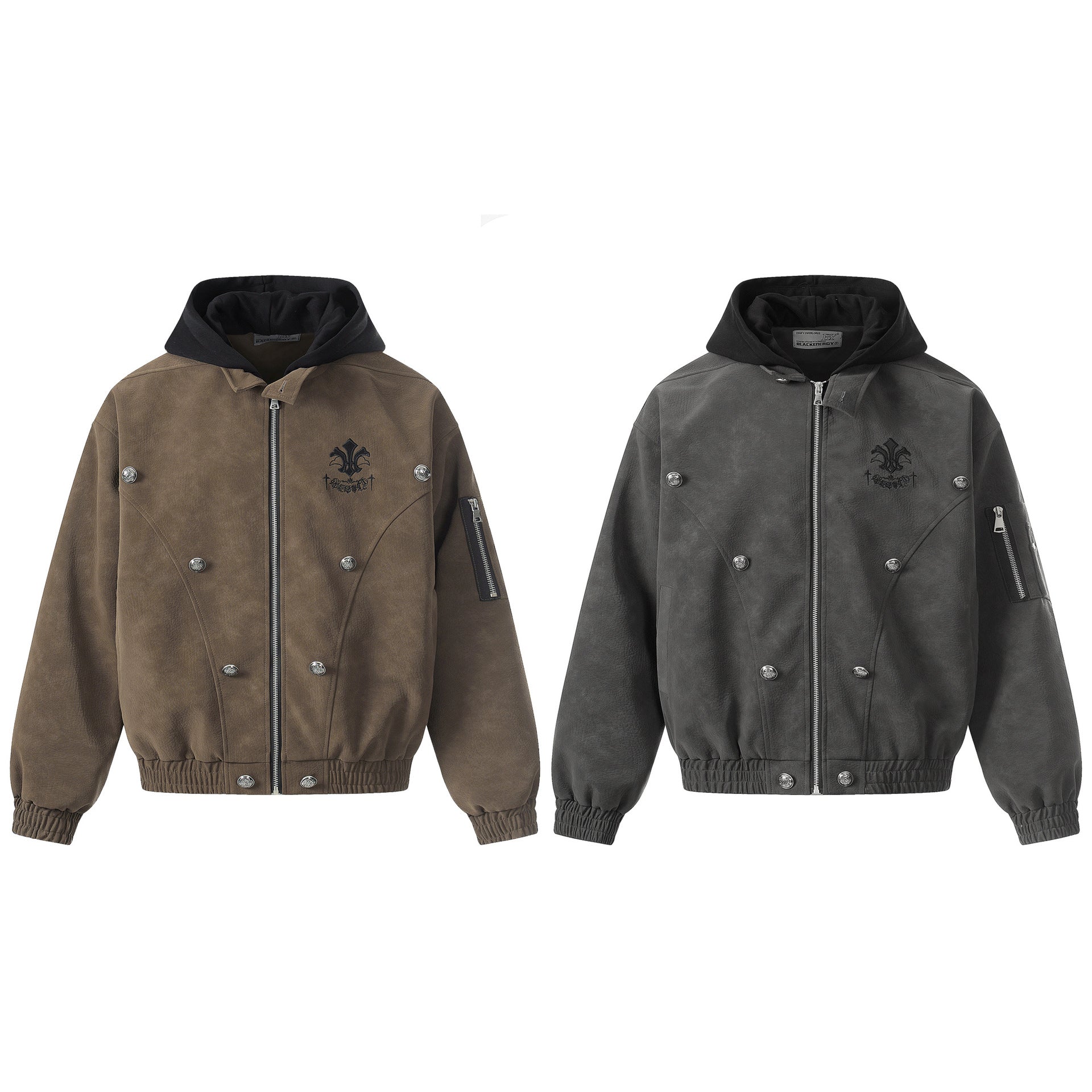 Blouson bomber oversize marron à capuche, broderie fleur de lys, boutons conchos argentés et capuche en polaire noire