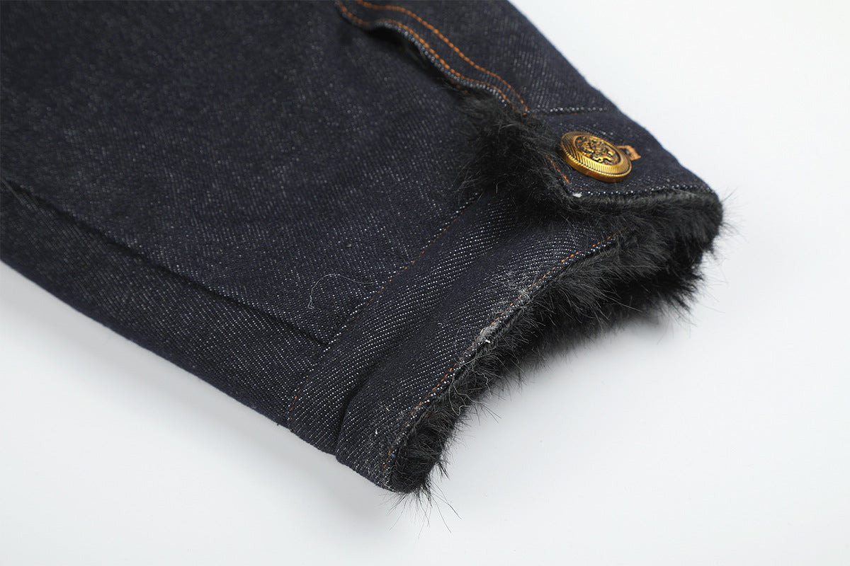 Dark Indigo Denim Jacket with Faux Fur Collar & Fleece Lining