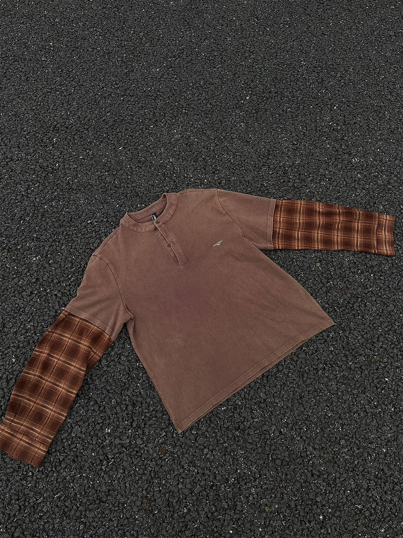 T-shirt Henley manches longues à effet superposé, à carreaux et délavé – Chemise streetwear oversize