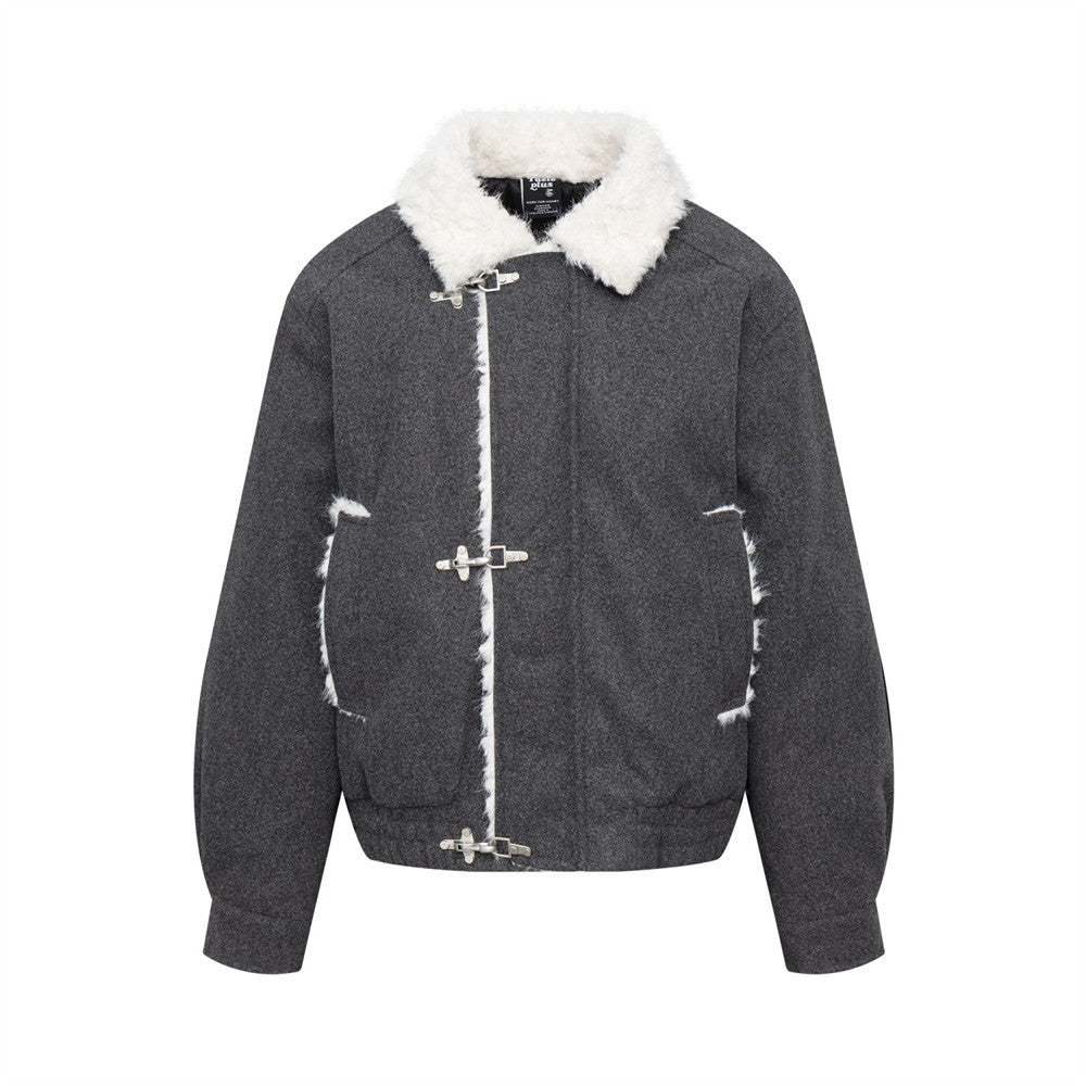 Men's charcoal wool bomber jacket with cream shearling collar and silver metal clasp closures, front and back view