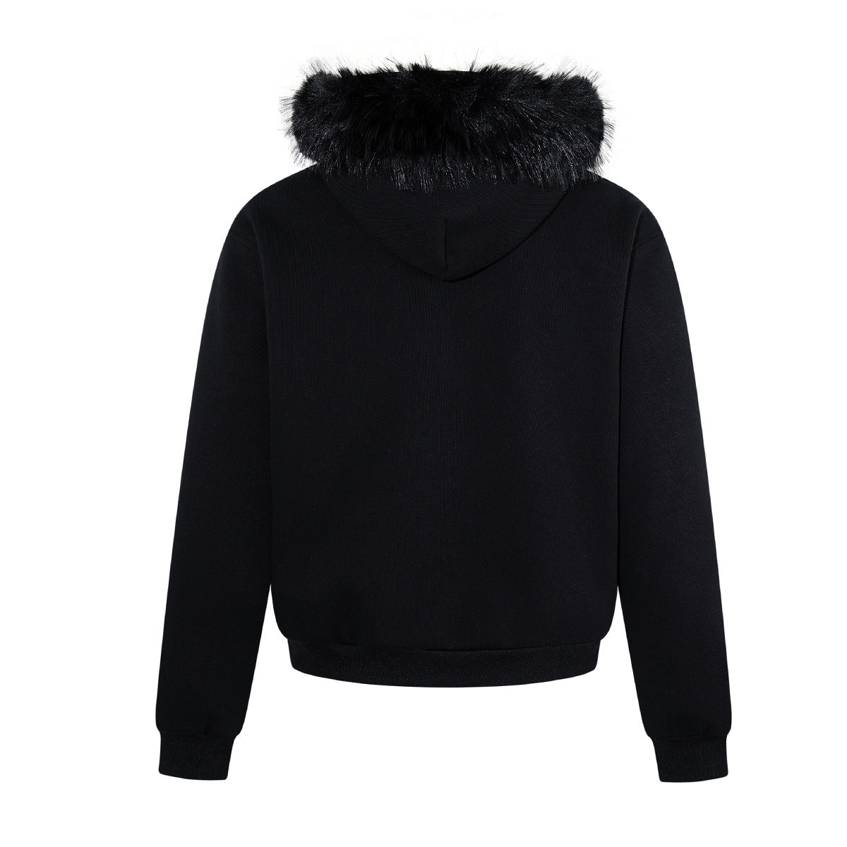 Black Zip-Up Hoodie with Faux Fur Hood & Silver Cross Studs