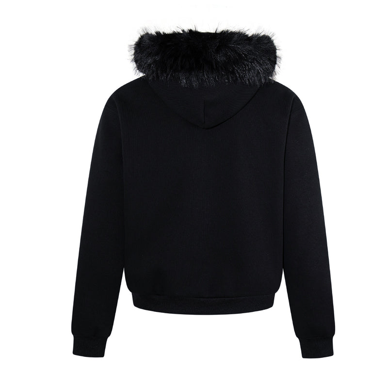 Black Zip-Up Hoodie with Faux Fur Hood & Silver Cross Studs