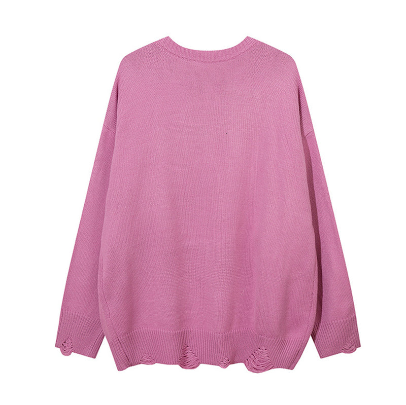 Distressed Letter Appliqué Crewneck Knit Sweater – Oversized Streetwear Pullover