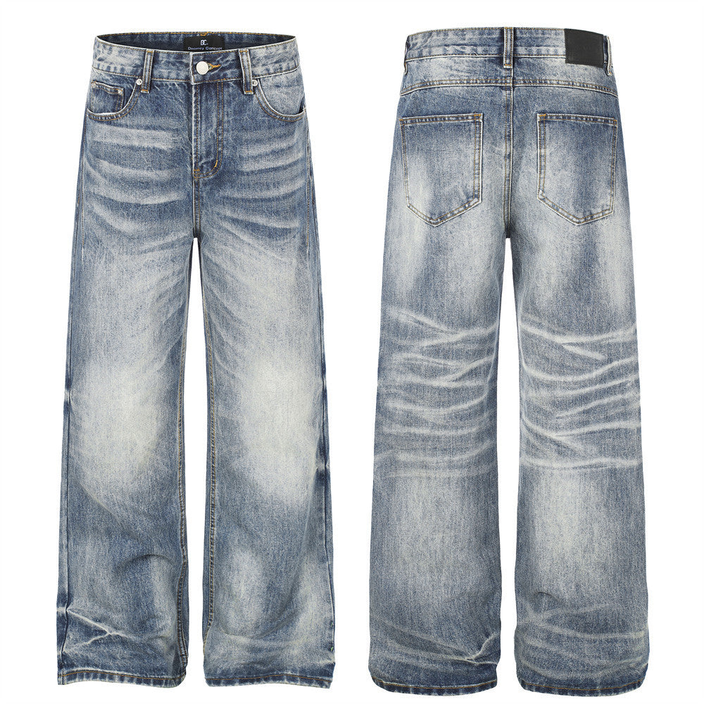 Wide-Leg Straight Jeans – Herrenjeans aus verwaschenem blauem Vintage-Denim mit Destroyed-Details