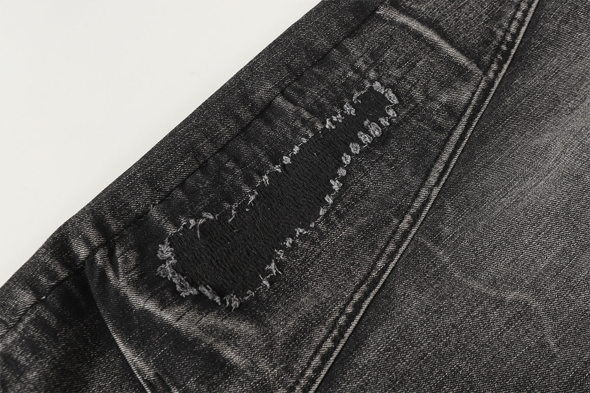 Jean baggy noir déchiré – Pantalon en denim délavé à jambe large