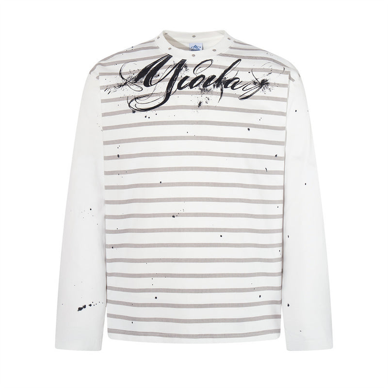 Oversized T-Shirt Men Striped Long Sleeve Paint-Splatter Script Logo Tee