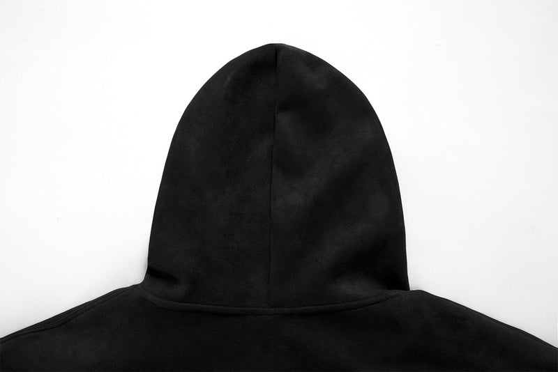 Black Gothic Cross Embroidered Zip-Up Hoodie with Faux Fur Hood Trim