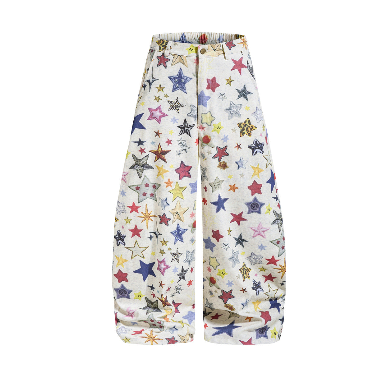 High-waisted baggy wide-leg pants with all-over multicolor star print on cream heather fabric, front view
