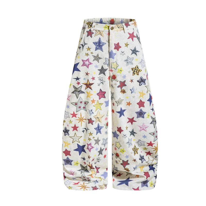 High-waisted baggy wide-leg pants with all-over multicolor star print on cream heather fabric, front view