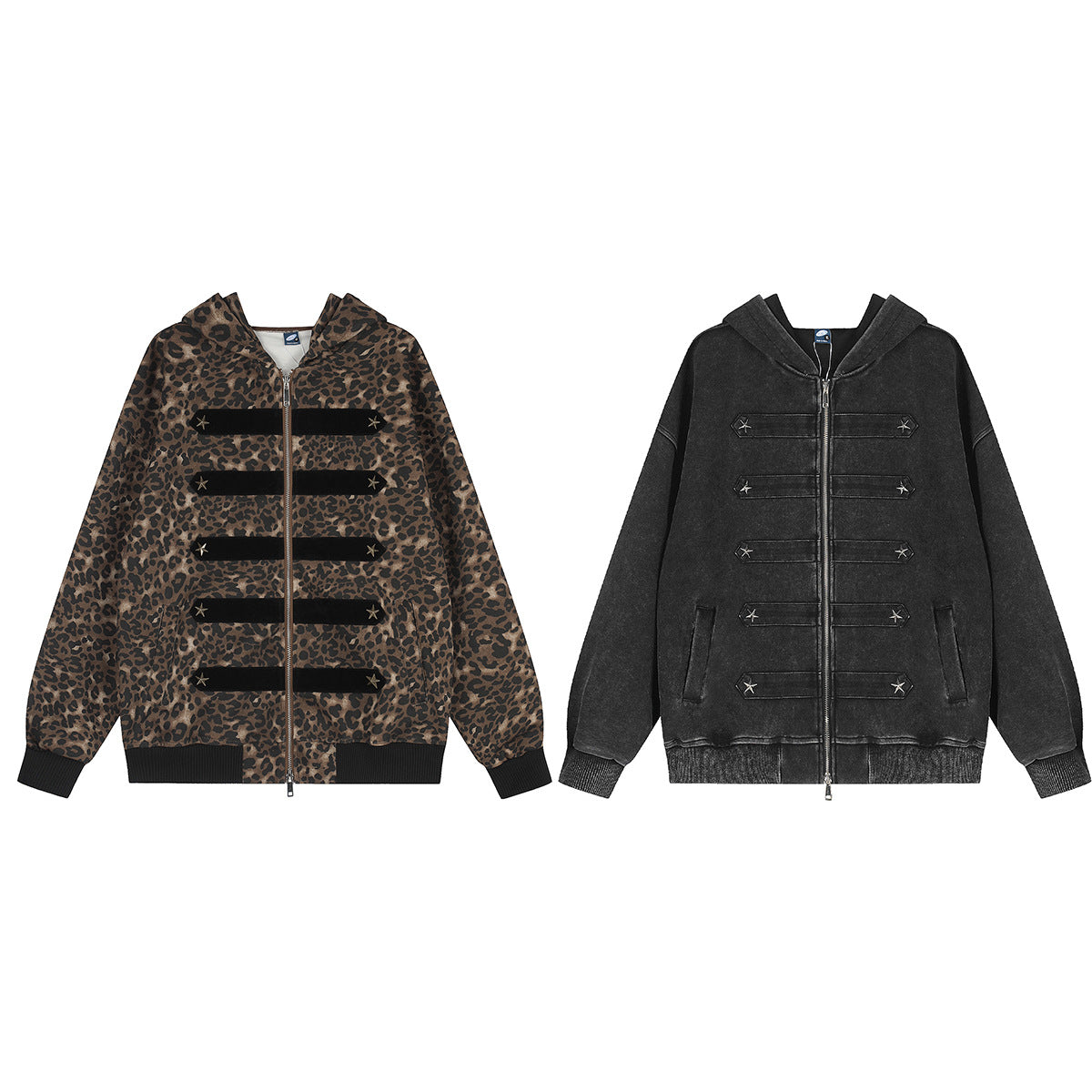 Leopard Print Zip-Up Hoodie with Military Star Band Detail