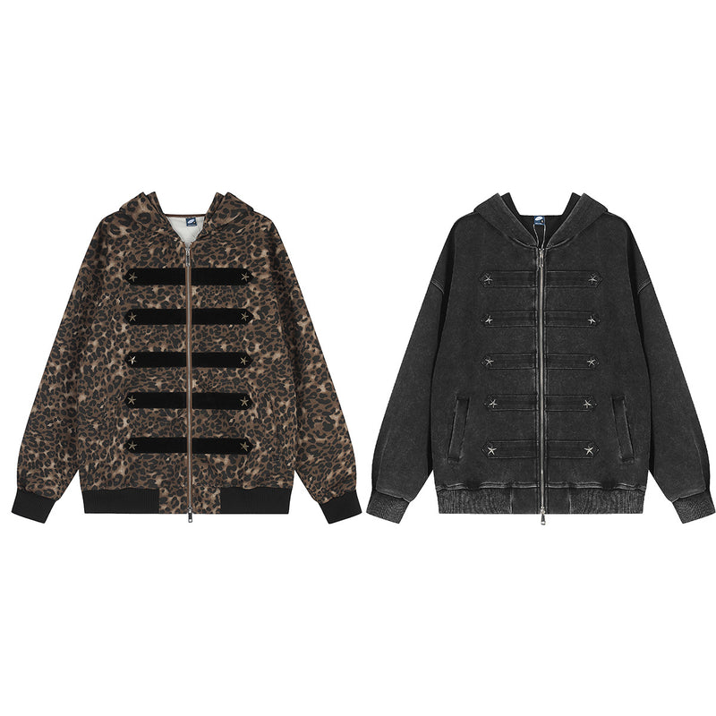 Leopard Print Zip-Up Hoodie with Military Star Band Detail