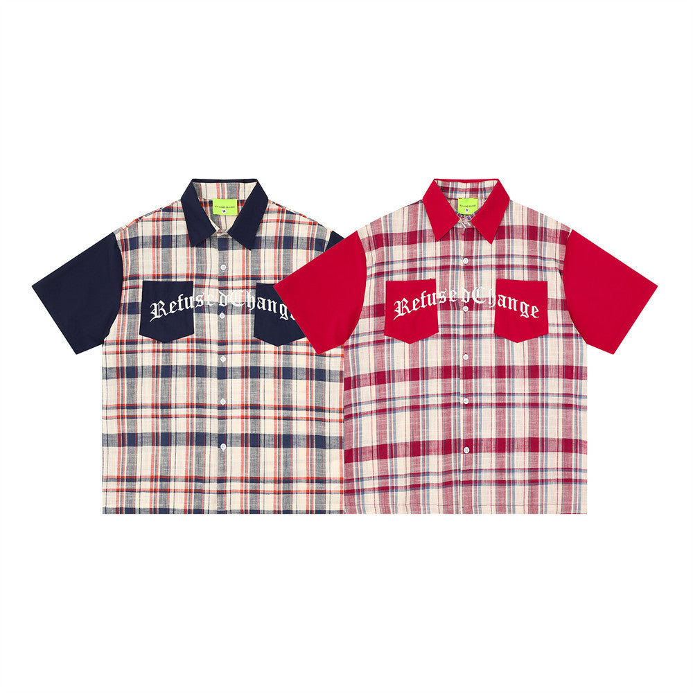 Men's color block plaid short sleeve oversized button-up shirt with gothic RefusedChange embroidery on chest pockets, shown i