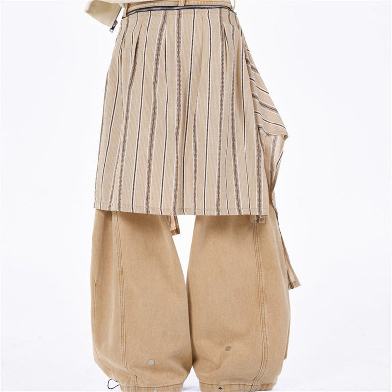 Wide-Leg Baggy Jeans with Detachable Plaid Skirt Overlay — Men's Punk Street