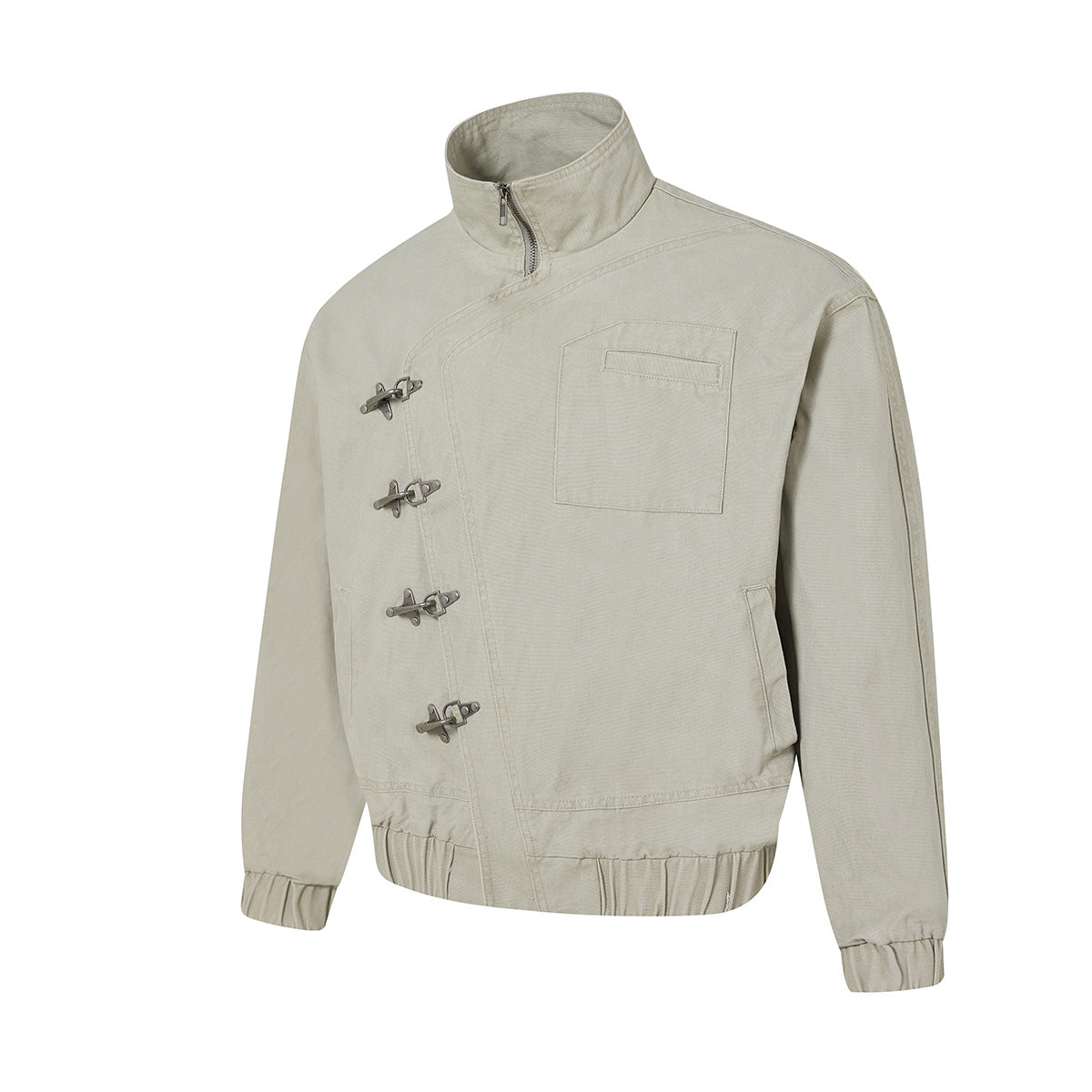 Metal Clasp Bomber Jacket – Washed Cotton Flight Jacket with Diagonal Buckle