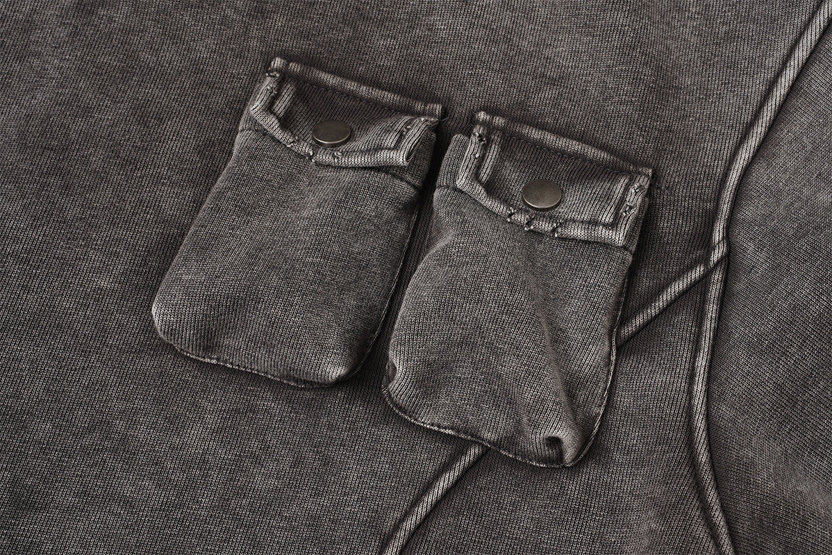 Oversized Acid Wash Hoodie with Cargo Chest Pocket – Heavy Fleece Pullover