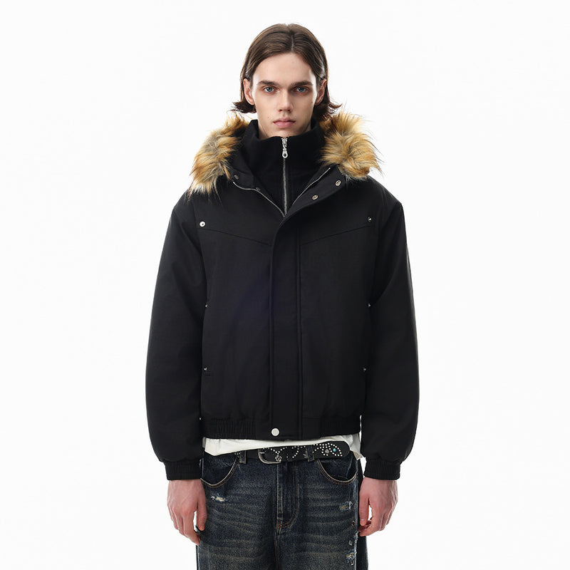 Pufferjacke mit Kunstfellbesatz und Lagenoptik – Übergroßer Wintermantel für Herren