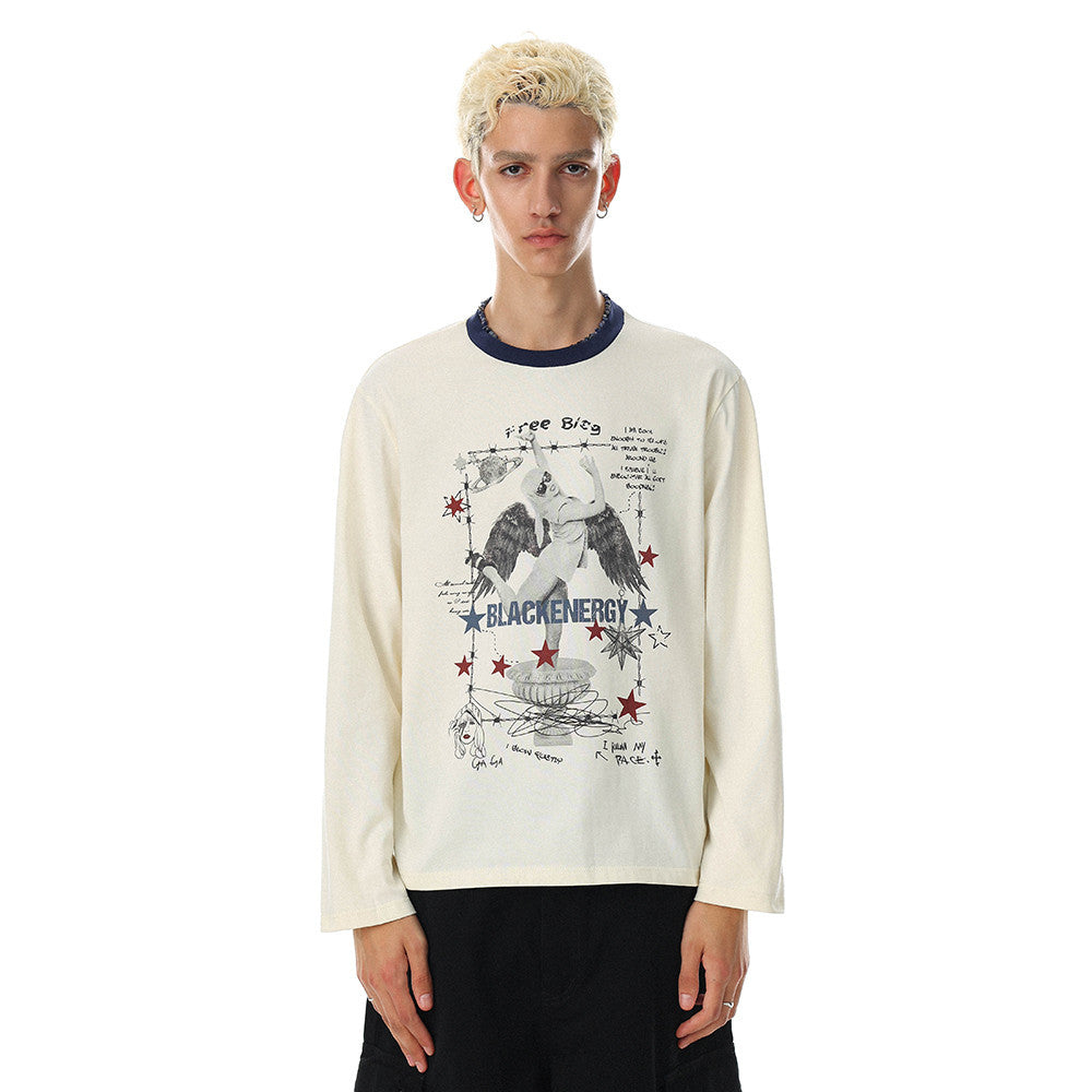 Men's Angel Wings Graphic Long-Sleeve Tee – Relaxed Fit Hip-Hop Street Style