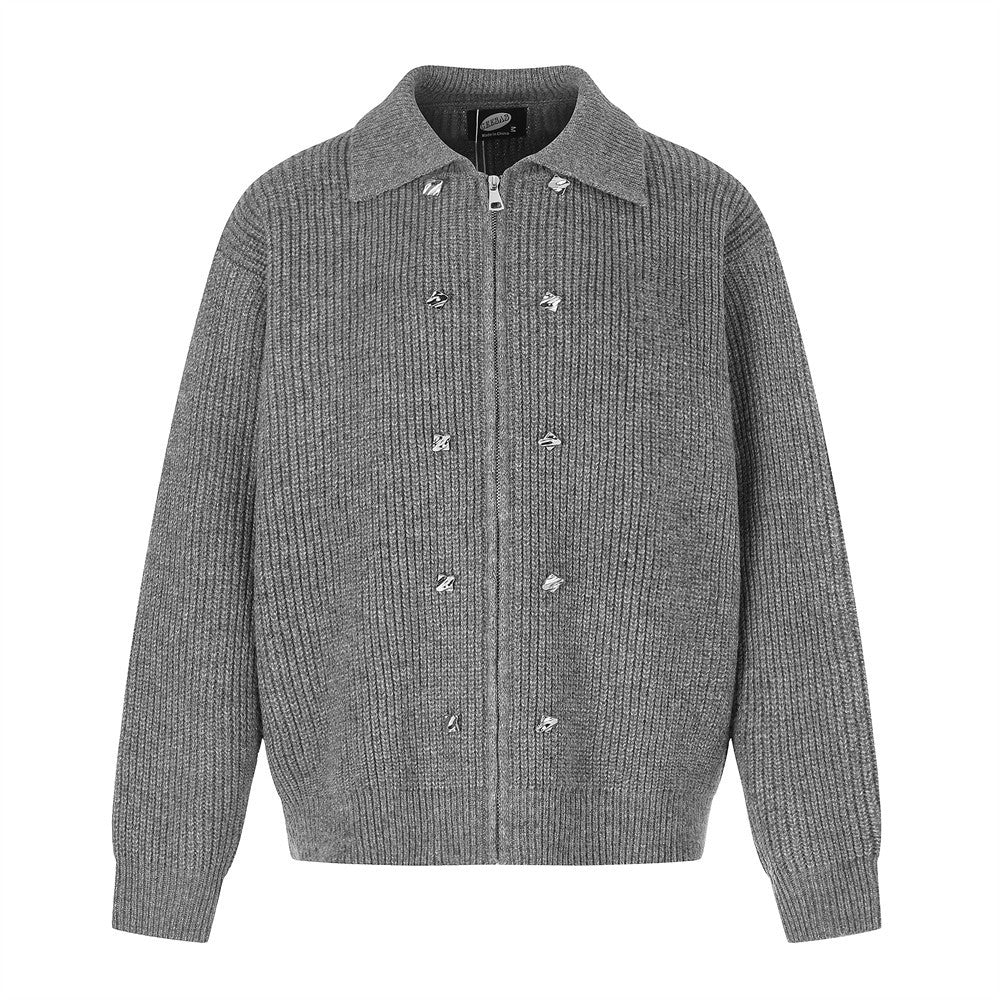 Oversized grey ribbed knit zip-up cardigan jacket with silver metal hardware studs on placket, front and back view