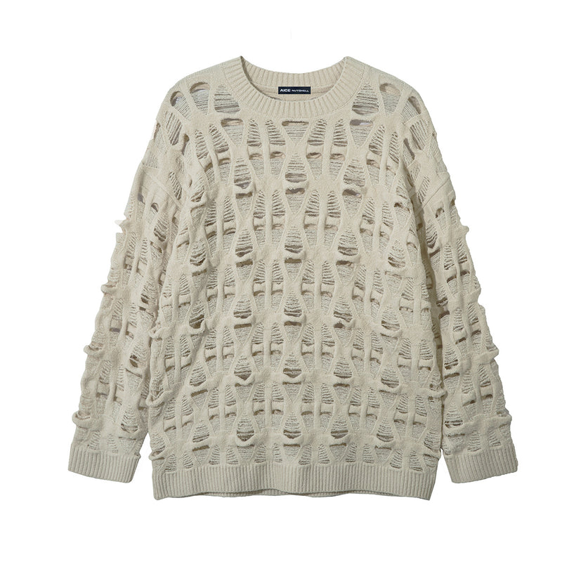 Distressed Open-Weave Crew Neck Knit Sweater – Oversized Ladder-Hole Design