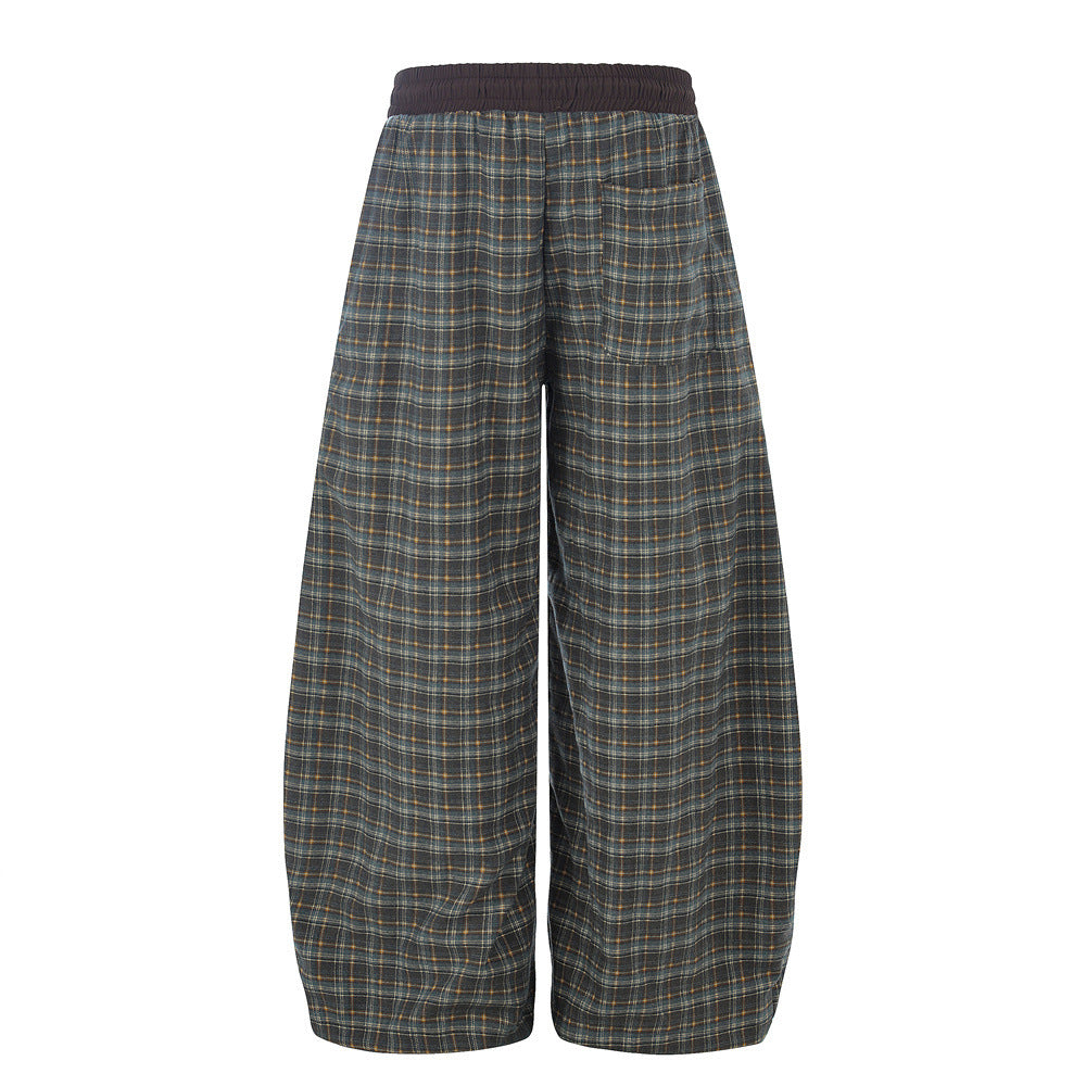 Vintage Plaid Wide-Leg Pants – Oversized Baggy Trousers with Elastic Waist