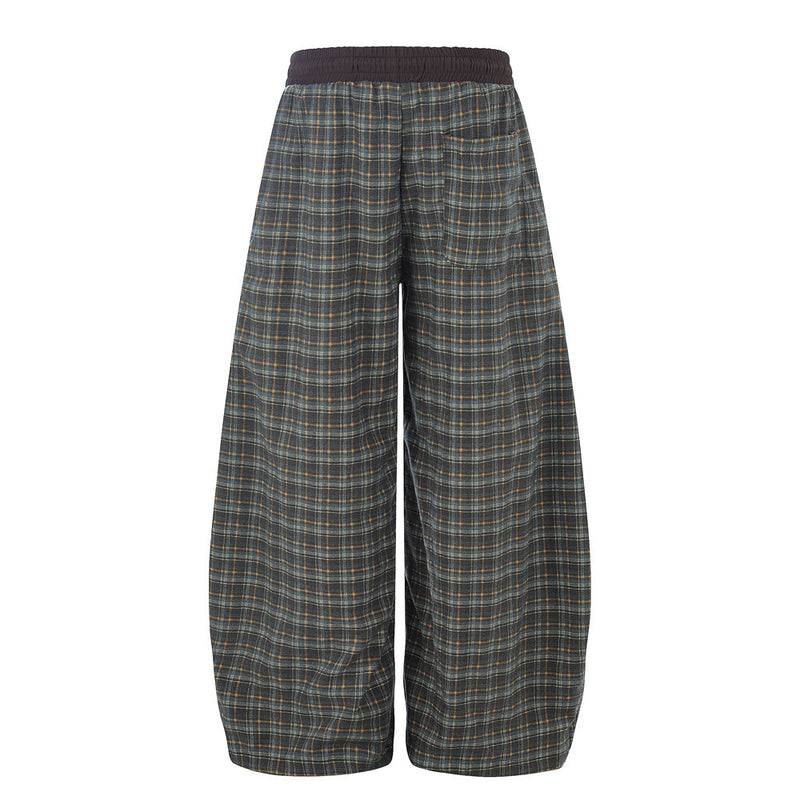 Vintage Plaid Wide-Leg Pants – Oversized Baggy Trousers with Elastic Waist