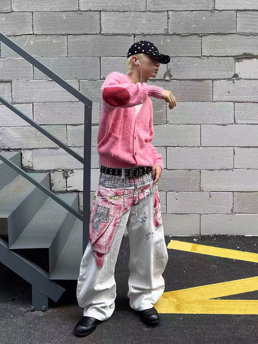 Pantalon ballon à jambes larges avec empiècement à carreaux patchwork – Blanc oversize streetwear