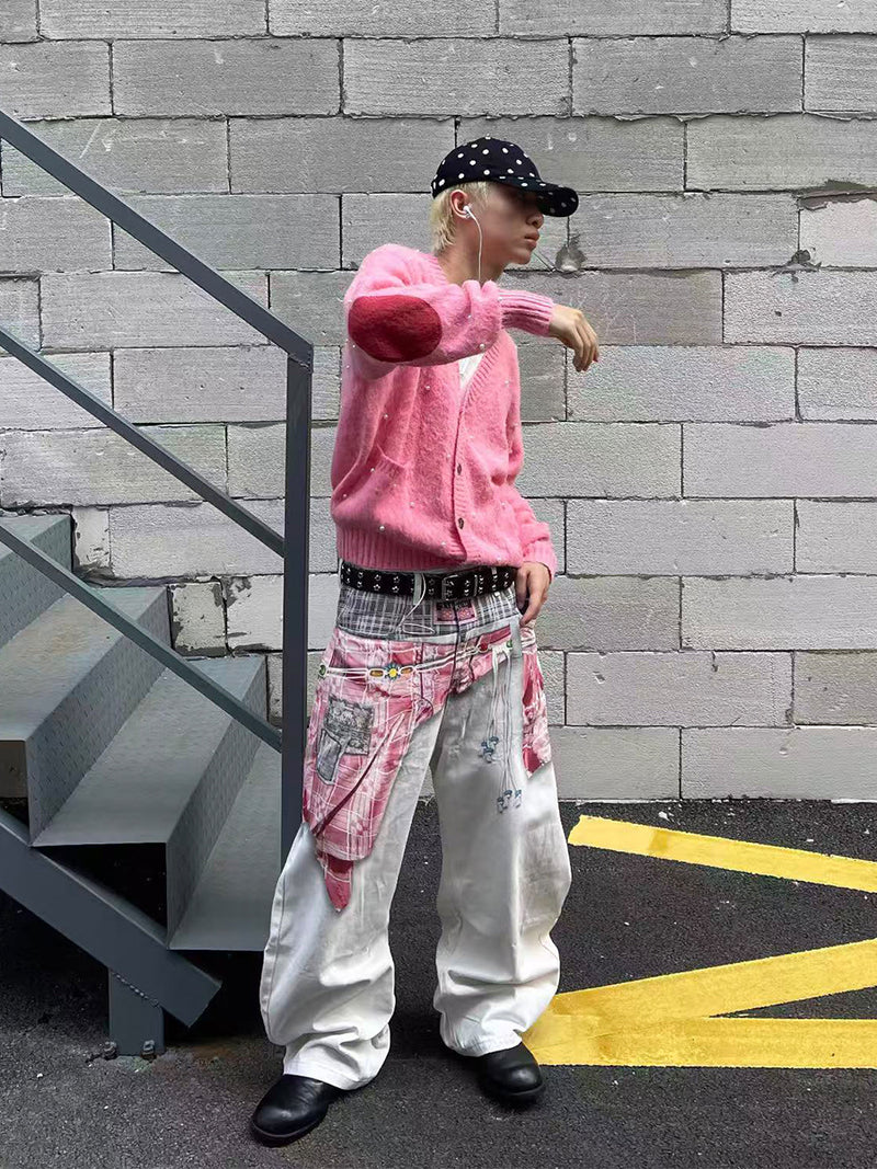 Pantalon ballon à jambes larges avec empiècement à carreaux patchwork – Blanc oversize streetwear