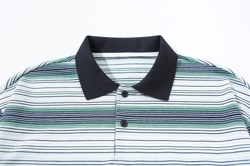 Men Striped Polo Shirt Long Sleeve Oversized Fit with Drawstring Hem
