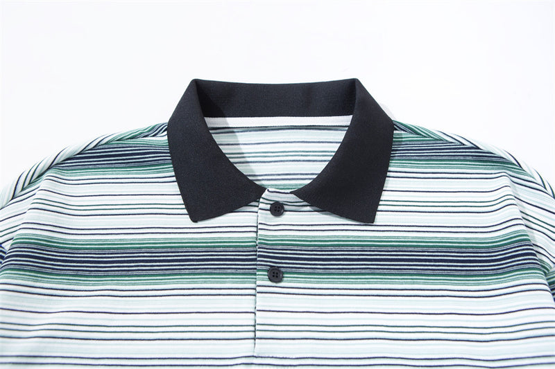 Men Striped Polo Shirt Long Sleeve Oversized Fit with Drawstring Hem